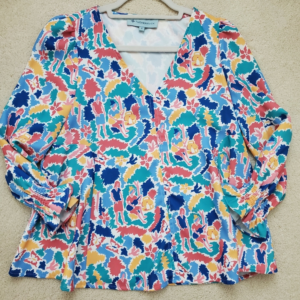 Tuckernuck Women's Cabana Print Easton Blouse Ruffle Sleeve Swing Top szS